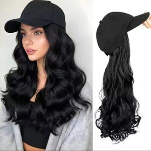 Long Curly Hat Wig Baseball Cap Black 20 inches Hairpiece Adjustable